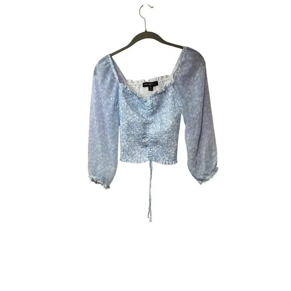 NWOT almost famous blue and white floral Smocked Tie front crop top S/M